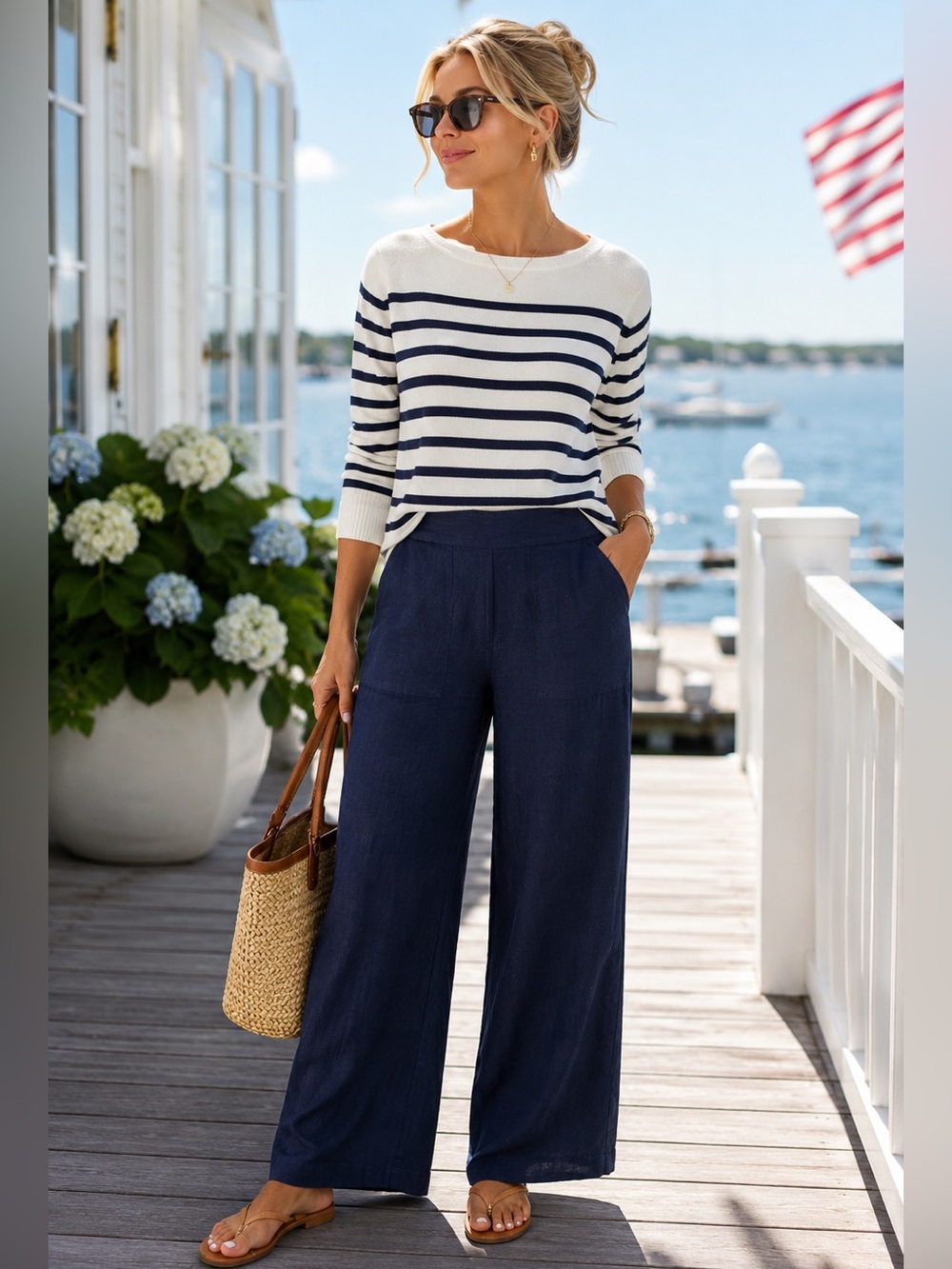 Michael Stars Taylor Wide Leg Linen Pants Navy Nautical Coastal EUC Designer L